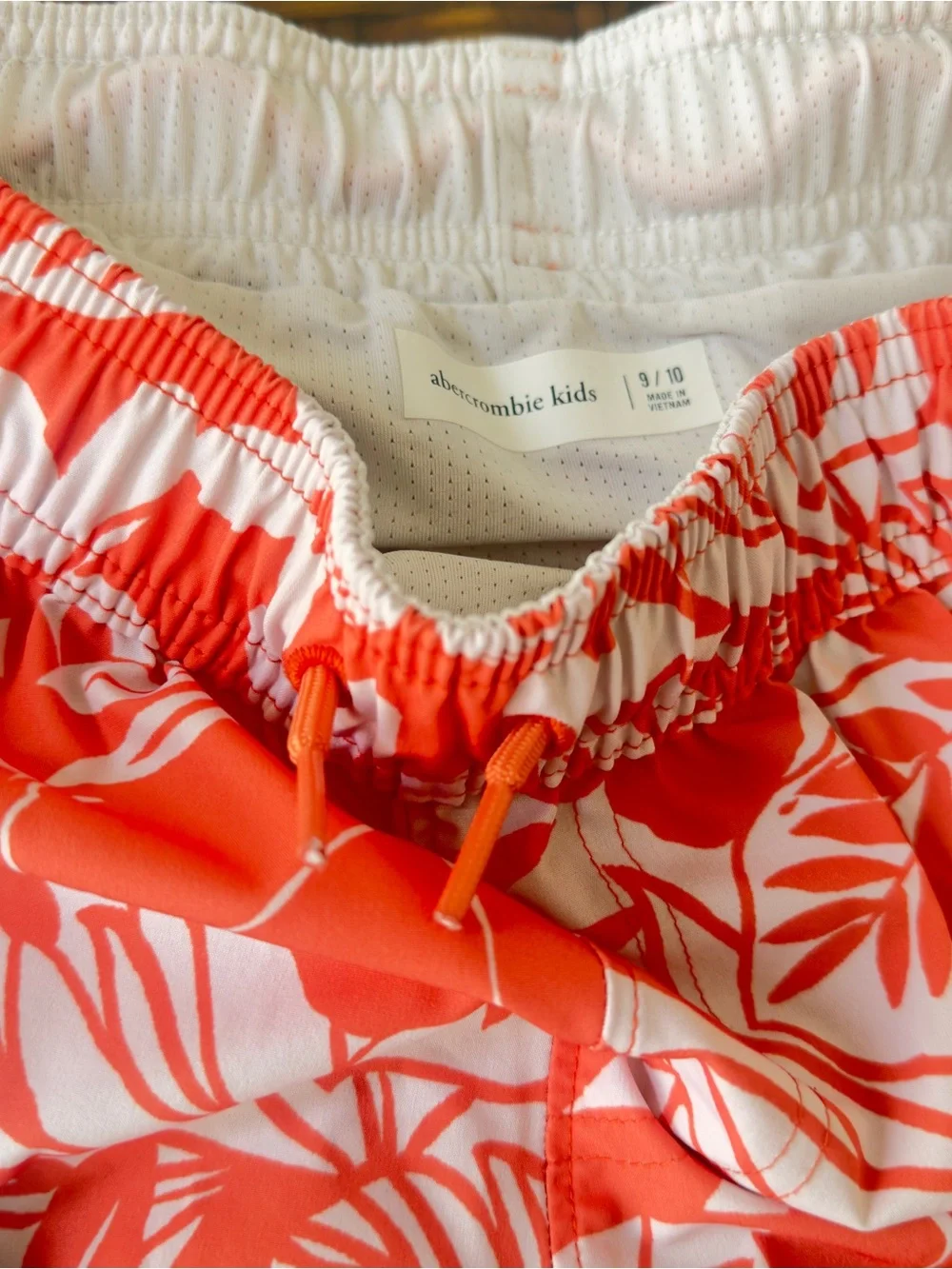 abercrombie kids Light Blue Swim Trunks with Coral & Navy Surfboard Print